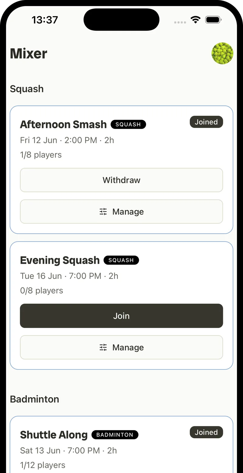 Rallio mixers — drafted doubles sessions with Join and Manage actions.