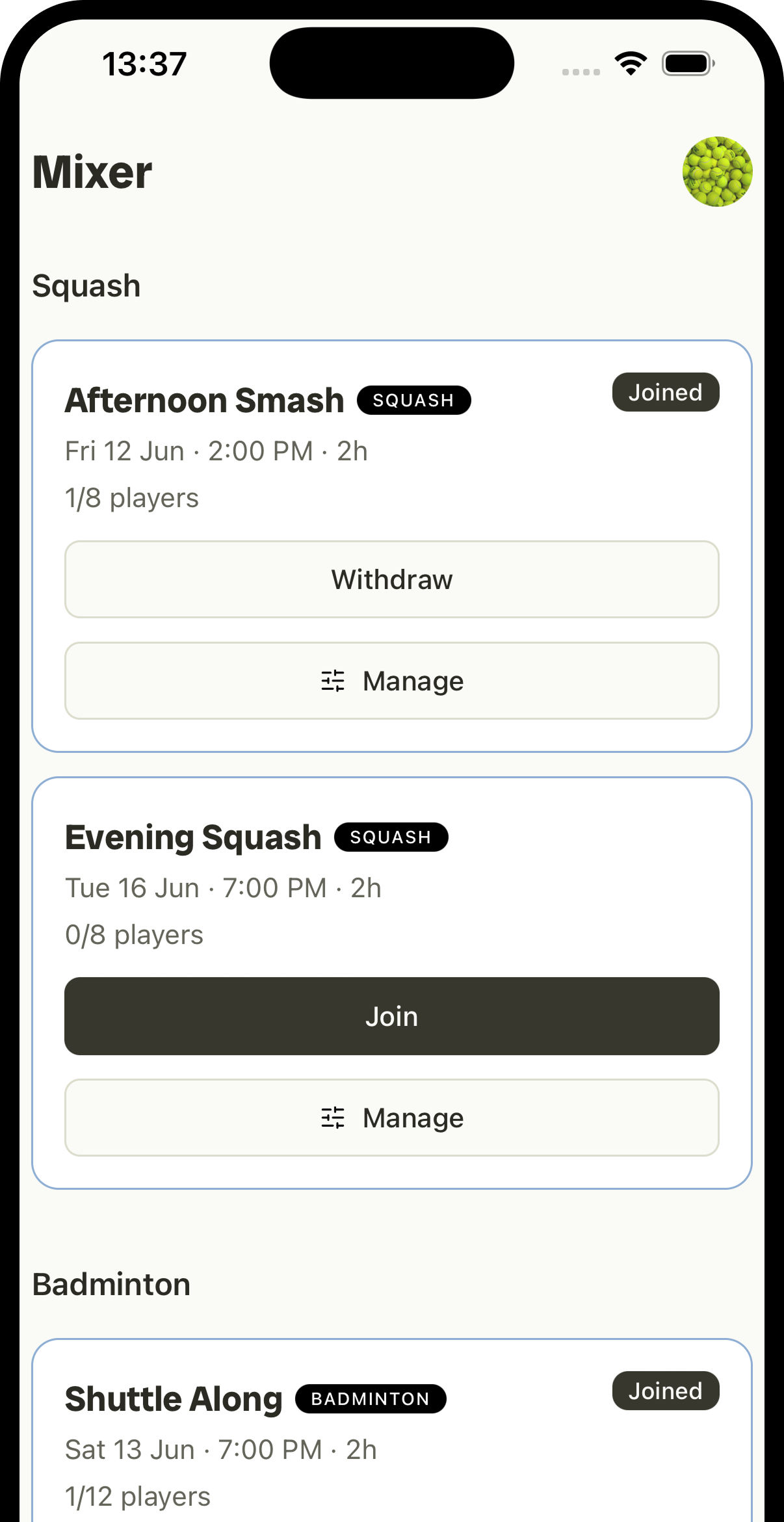 Rallio mixers — drafted doubles sessions with Join and Manage actions.