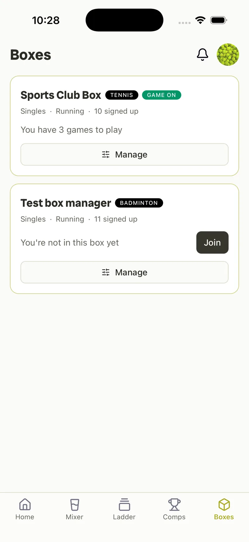 Rallio Box Leagues tab — your box leagues with games left to play this window.