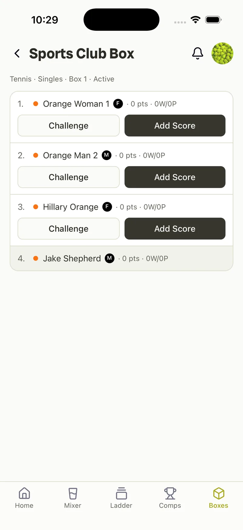 Box standings — points and games played per player, with challenge and add-score actions.