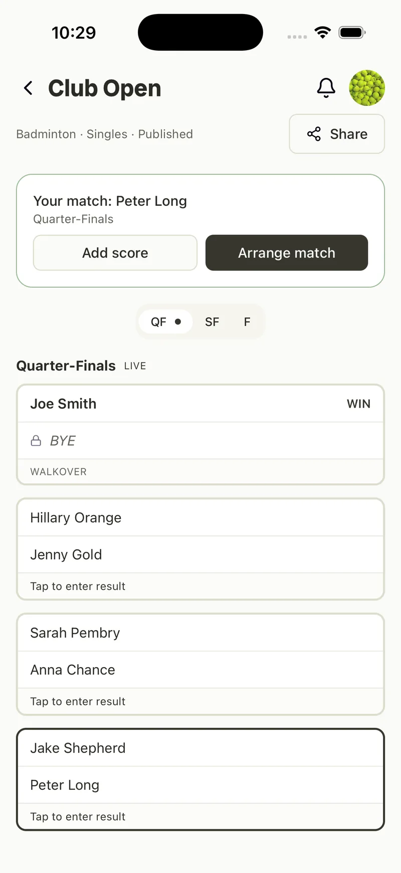 A Rallio competition — the draw, rounds and results.
