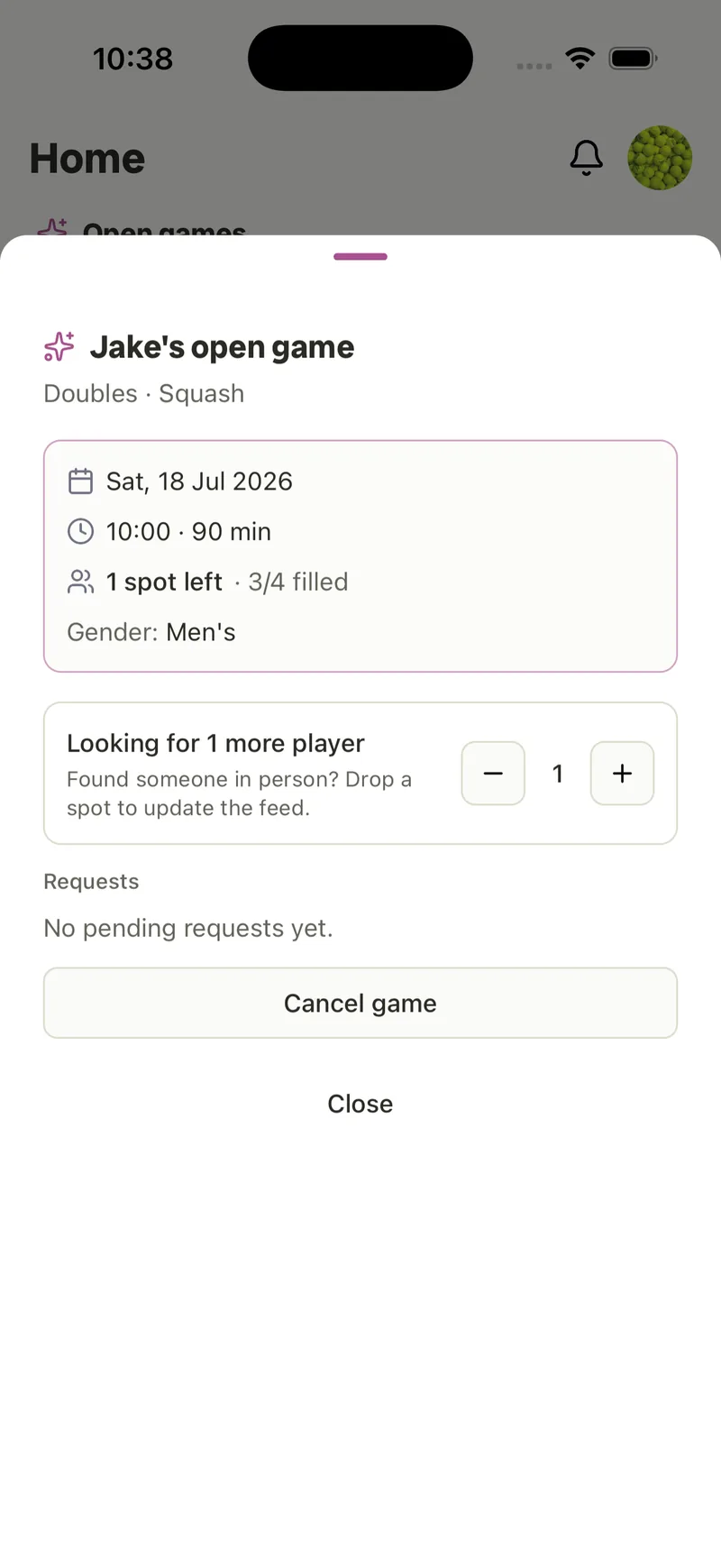 Your open game — date, time, spots filled, join requests, and spot adjustment.