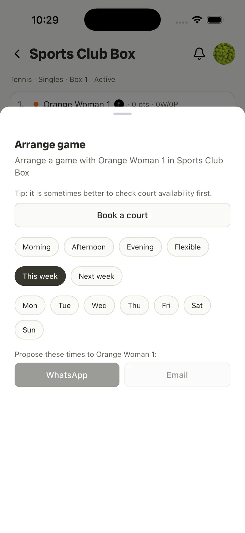 Arrange game sheet — book a court, pick times and days, propose via WhatsApp or email.