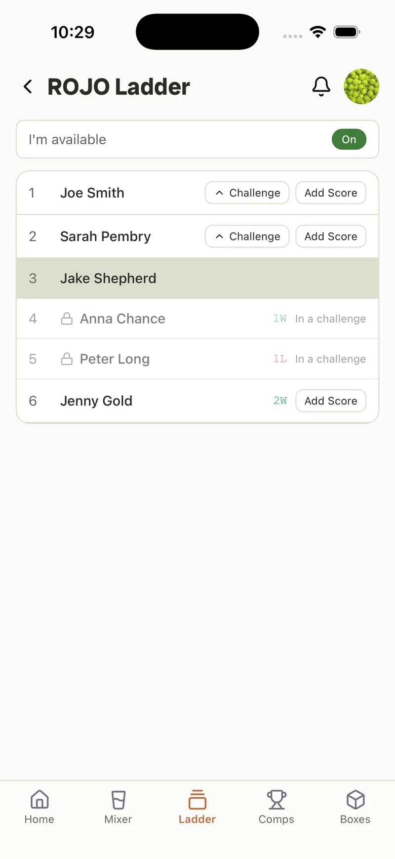 A Rallio ladder ranking — positions, availability and challenges.