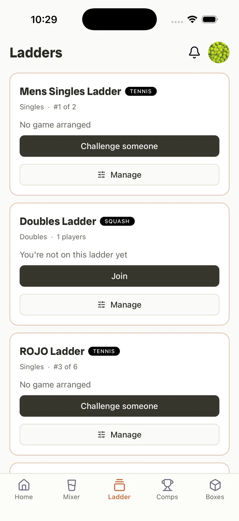 Rallio ladders — your position and who you can challenge.