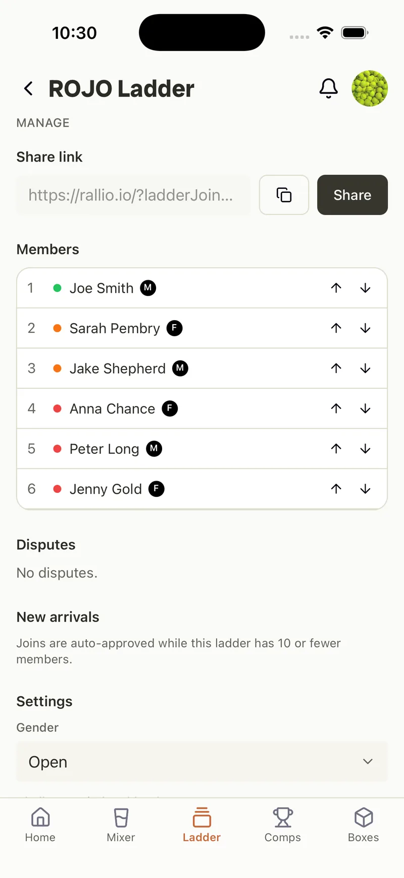 Ladder manager view — share link, reorderable members, disputes and join settings.