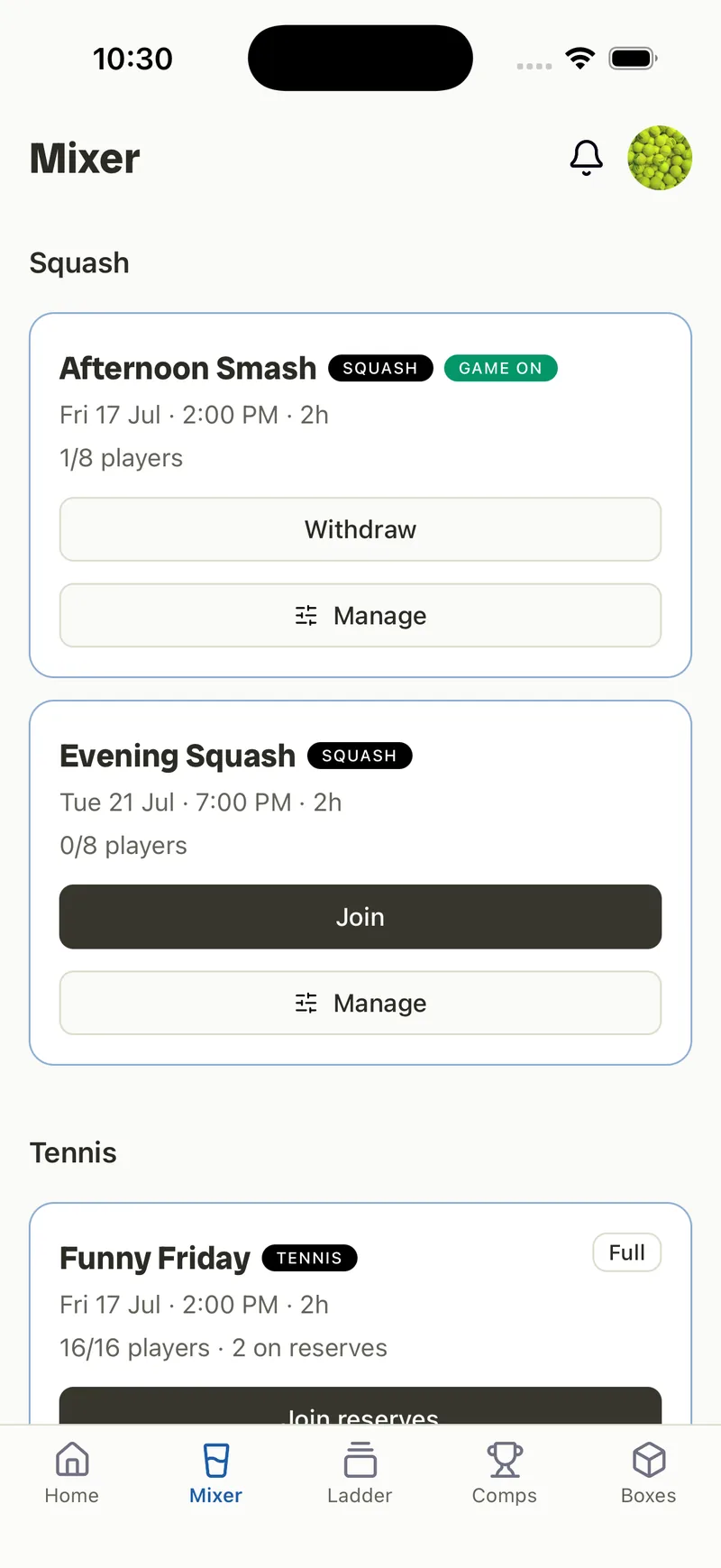 Rallio Mixer tab — session cards per sport with Join, Withdraw and Manage actions.