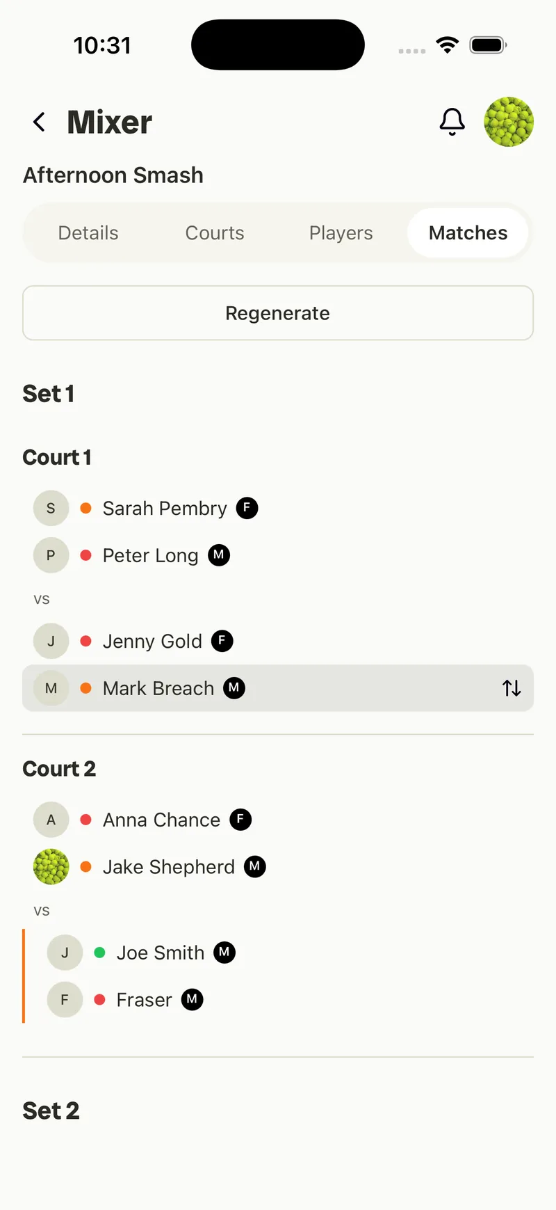 Drafted court pairings — sets and courts with balanced doubles pairs, ready to regenerate.