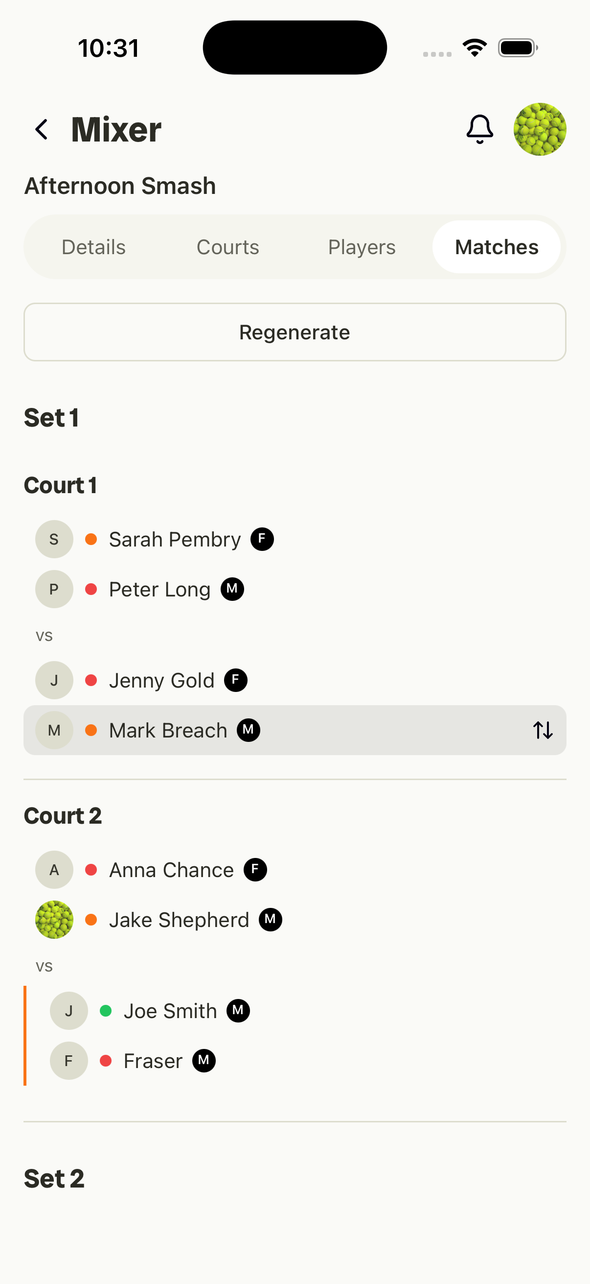Drafted court pairings — sets and courts with balanced doubles pairs, ready to regenerate.