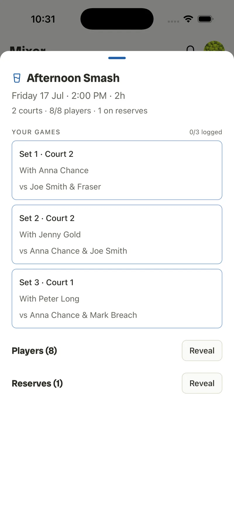 A player’s view of a mixer — your games by set and court, with partners and opponents.