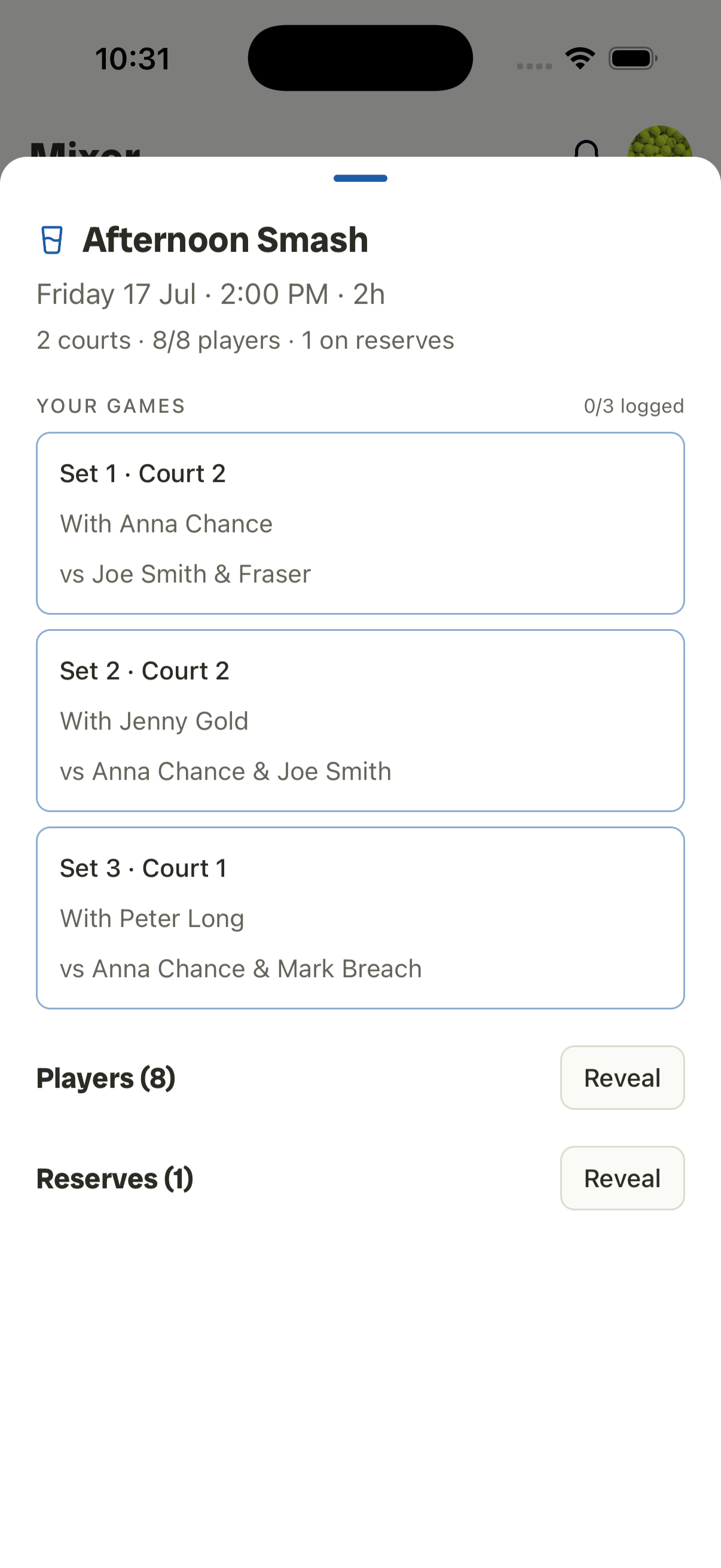 A player’s view of a mixer — your games by set and court, with partners and opponents.