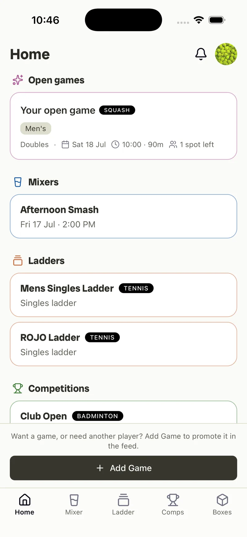Rallio home feed — a group’s notice board of open games, mixers, ladders and competitions.