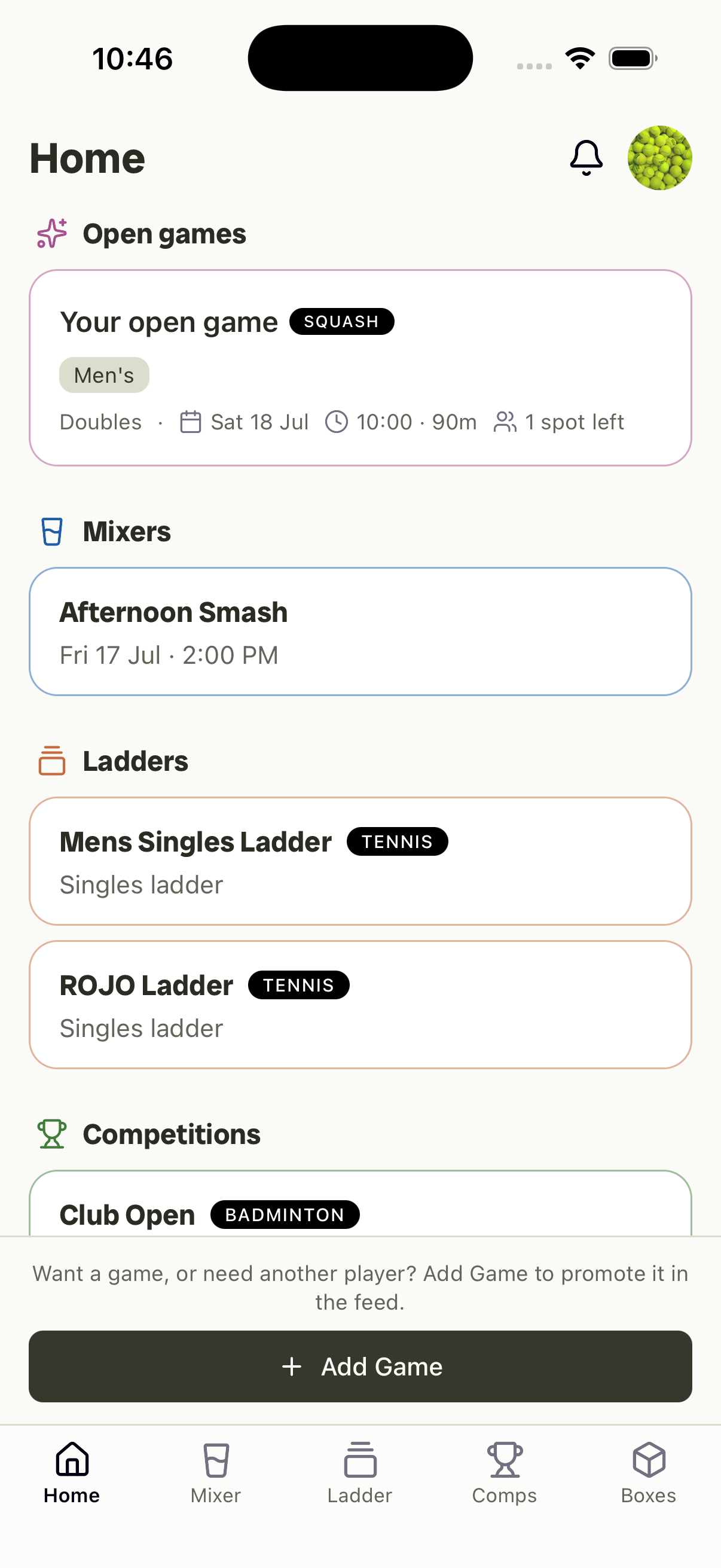 Rallio home feed — a group’s notice board of open games, mixers, ladders and competitions.