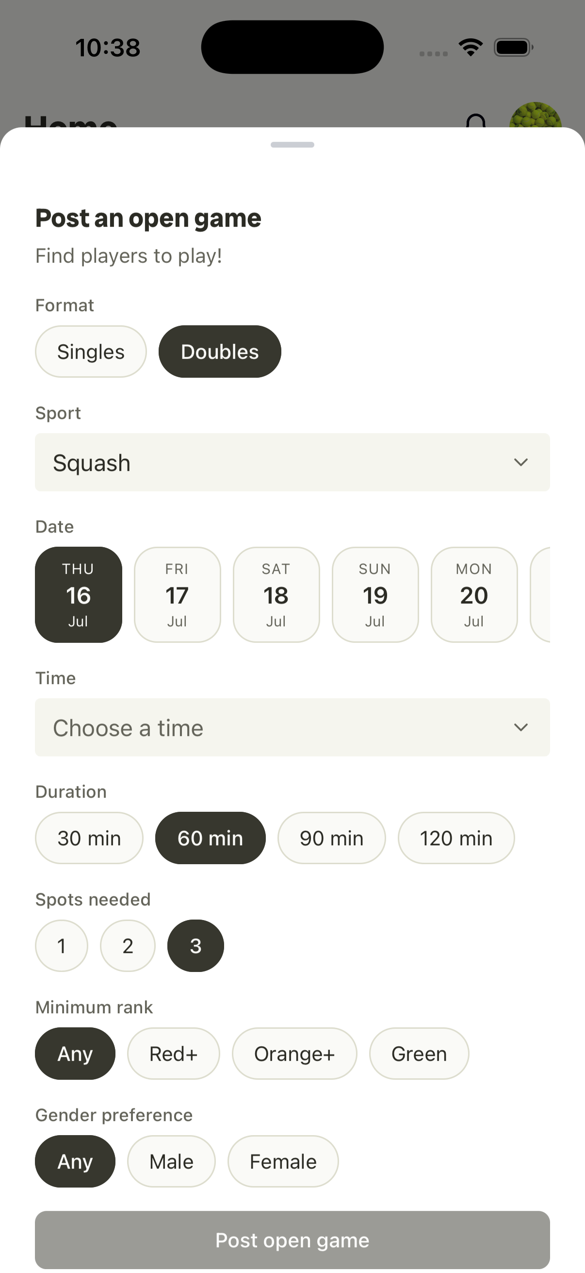 Post an open game — format, sport, date, time, duration, spots, minimum rank and gender preference.